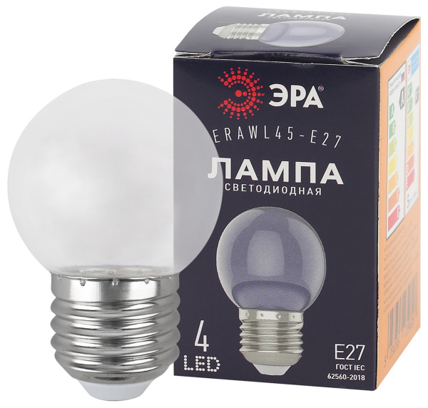 ЭРА ERAWL45-E27 LED P45-1W-Е27 (диод. шар, прозр., 4SMD, 1W, E27, для белт-лайт) (10/100/6000)