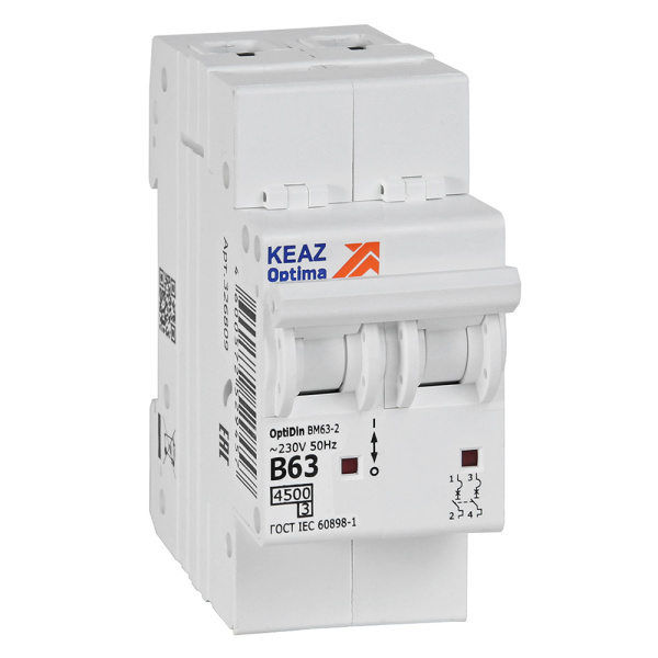 КЭАЗ OptiDin BM63 Автоматический выключатель 2P 63А B 4,5кА AC (BM63-2B63-4,5-УХЛ3) 329516