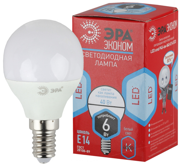 ЭРА ECO LED P45-6W-840-E14 (диод, шар, 6Вт, нейтр, E14)
