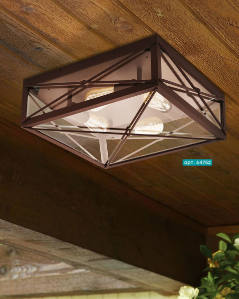 Купить Eglo 64752 Уличный настенно-потолочный светильник GAUDESI, 4X60W(E27), сталь оцинкованная, коричневый антик/ стекло