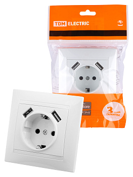 TDM Розетка 2П+З 16А 250В + 2 USB порта 2,1А 5В белая "Лама" SQ1815-0042