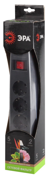 Купить ЭРА SF-5es-2m-B Черный Сетевой фильтр надежная защита, с защитным шторками, с выключателем, 5гн, 2м, ПВС, 10А, шторки C0039529