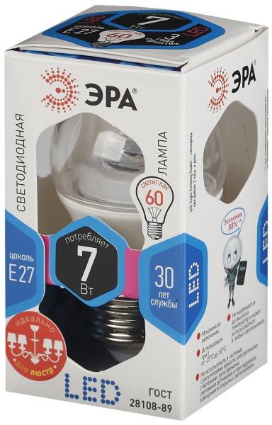Купить ЭРА LED P45-7W-840-E27-Clear Лампа (диод,шар,7Вт,нейтр,E27) Б0020553