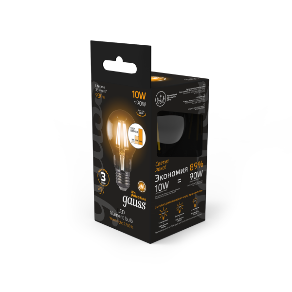 Купить Gauss Лампа Filament А60 10W 930lm 2700К Е27 шаг. диммирование LED 102802110-S