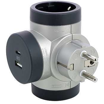 Legrand Revolution Комфорт Алюминиево-черный Тройник 2x2К+З с 2xUSB A+C (3А), фиксируемый поворотный блок 694524