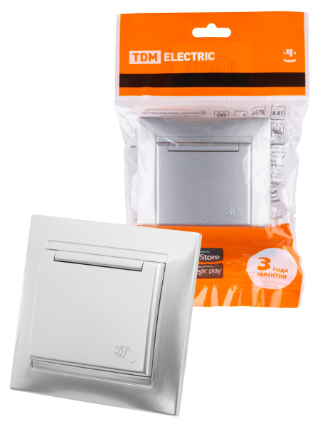 TDM Розетка 2П+З 16А 250В IP44 с крышкой серебр. металлик "Лама" SQ1815-0226