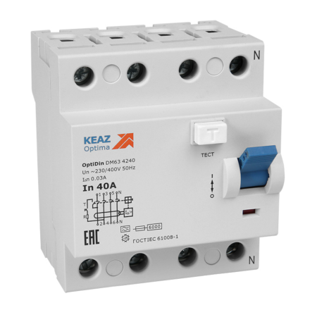 КЭАЗ ВДТ без защиты от сверхтоков OptiDin DМ63-4440-AС-УХЛ4 (4P, 40, 300mA)