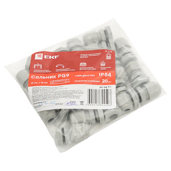 Купить EKF PROxima Сальник PG9 IP54 (20 шт) d отв. 15 мм / d провод. 4-8 мм