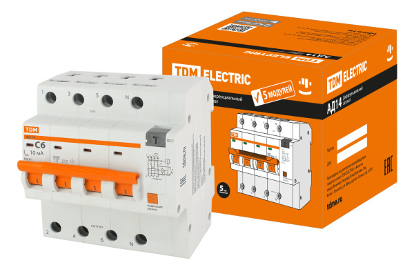 TDM Диф.автомат АД14 4P, C6 10мА, 4,5кА, тип АС, 5 мод, SQ0204-0126