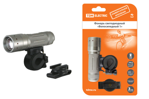 TDM Фонарь светодиодный "Велосипедный 1" с креплениями, IP54, 1 LED 5 Вт (CREE), 36 лм/Вт, 3*AAA SQ0350-0027