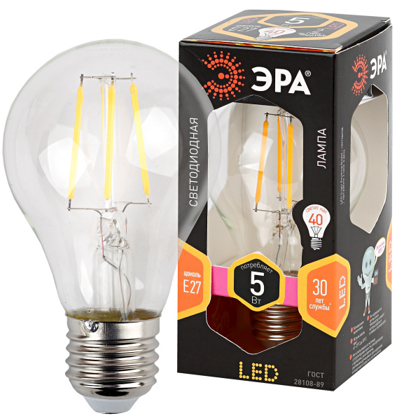 ЭРА F-LED A60-5W-827-E27 (филамент, груша, 5Вт, тепл, Е27)