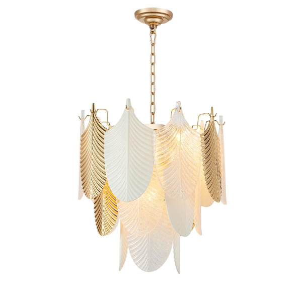 Favourite 2619-12P подвесная люстра Каркас золотого цвета, декоративные элементы из белого фарфора, полупрозрачного стекла и золотого металла