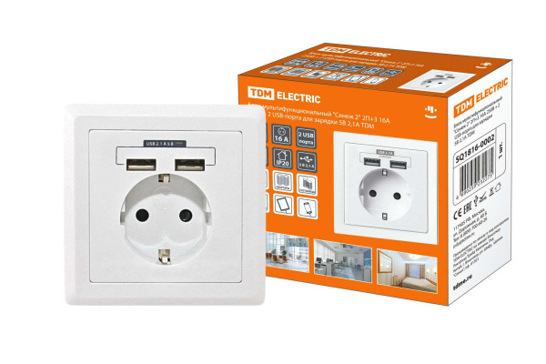 TDM Блок мультифункциональный "Сенеж 2" 2П+3 16А 250В + 2 USВ-порта для зарядки 5В 2,1А белый SQ1816-0002