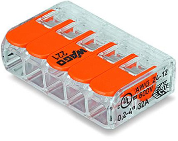 WAGO Клемма с рычагами компактная для 5-и медных(!) одно-/многопровол. проводников сеч. до 4 мм кв. 221-415