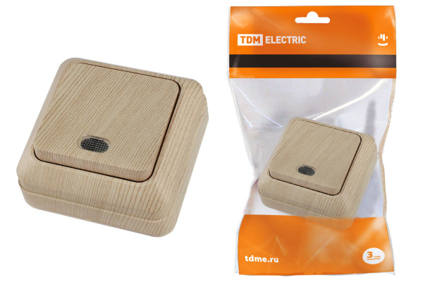 TDM Выключатель 1-кл. открытой установки с подсветкой IP20 10А, сосна "Ладога" SQ1801-0047