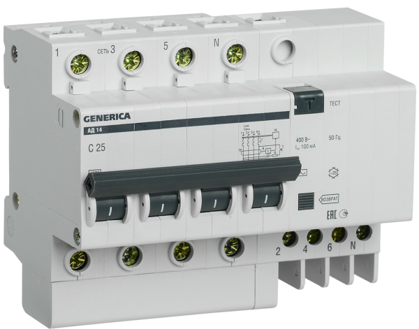 Купить IEK GENERICA Автоматический выключатель дифференциального тока АД14 4Р 25А 100мА MAD15-4-025-C-100