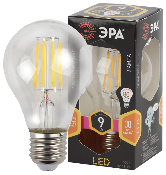 ЭРА F-LED A60-9W-827-E27 (филамент, груша, 9Вт, тепл, Е27)