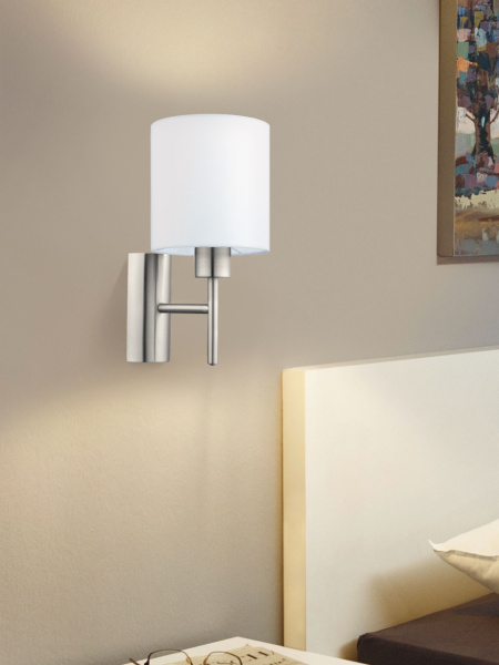 Купить Eglo Бра PASTERI, 1х60W (E27), L145, H305, A195, никель мат./текстиль, белый 94924