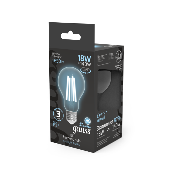 Купить Gauss Лампа Filament А60 18W 1650lm 4100К Е27 LED 1/10/40 102902218