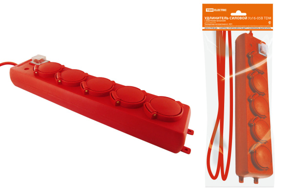 TDM Удлинитель силовой Уз16-05В (с крышками IP44, выключатель, 5 мест/10м КГ 3х1,5) SQ1302-0023