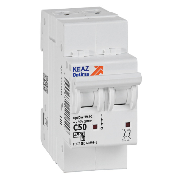 КЭАЗ OptiDin BM63 Автоматический выключатель 2P 50А C 4,5кА AC (BM63-2C50-4,5-УХЛ3) 326808
