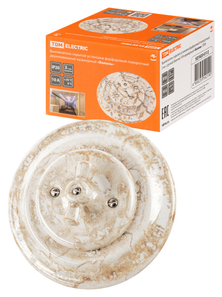 TDM Выключатель скрытой установки фарфоровый поворотный 2-кл. с ручкой (бантик) 10А мраморный «Болонь» T SQ1820-0112