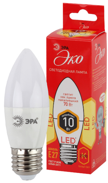 ЭРА ECO LED B35-10W-827-E27 (диод, свеча, 10Вт, тепл, E27)
