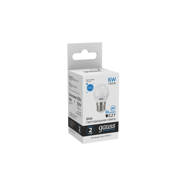 Купить Gauss Лампа Elementary Шар 6W 470lm 6500K Е27 LED 53236