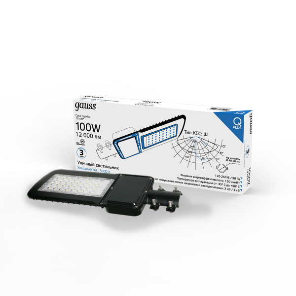 Купить Gauss Светильник уличный Qplus 100W 12000lm 5000K 120-260V IP65 455*180*49мм черный КСС "Ш" LED 629535300