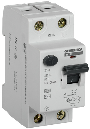 IEK GENERICA   УЗО ВД1-63 2Р 25А 100мА MDV15-2-025-100