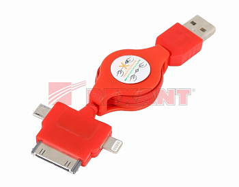 USB кабель-рулетка 3 в 1 для iPhone 5/microUSB/iPhone 4 красный Rexant 18-4055