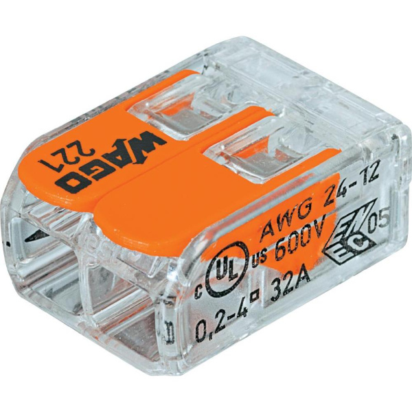 Wago клеммы для всех типов проводников; макс. 4 мм²; 2-проводн.; с рычагами; прозрачный корпус 221-412