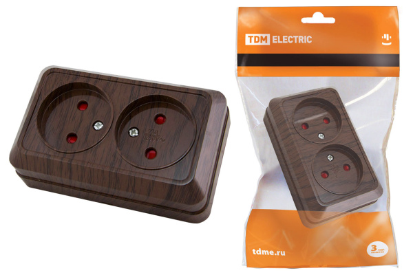 TDM Розетка двойная 2П открытой установки с з/ш IP20 10А, бук "Ладога" SQ1801-0039