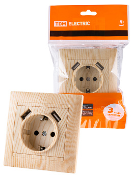 TDM Розетка 2П+З 16А 250В + 2 USB порта 2,1А 5В сосна "Лама" SQ1815-0342