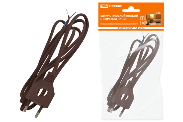 TDM Шнур с плоской вилкой с вырезом ШУ04 ШВВП 2х0,75мм2 1,7 м. коричневый "ЭКО" SQ1305-0036