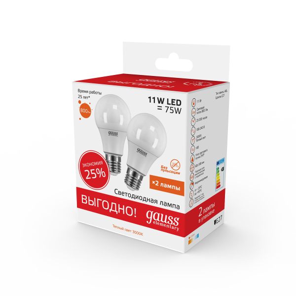 Купить Gauss Лампа Elementary A60 11W 800lm 3000K E27 (2 лампы в упаковке) LED 23211P