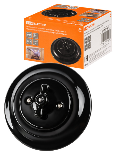 TDM Выключатель скрытой установки фарфоровый поворотный 2-кл. с ручкой (бантик) 10А черный «Болонь» SQ1820-0212