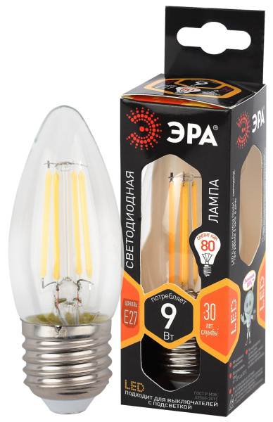 ЭРА F-LED B35-9w-827-E27 (филамент, свеча, 9Вт, тепл, E27)