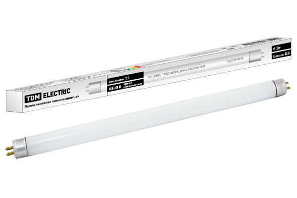 TDM Лампа люминесцентная линейная двухцокольная ЛЛ-16/6 Вт, T5/G5, 6500 К, длина 226,3мм SQ0355-0016