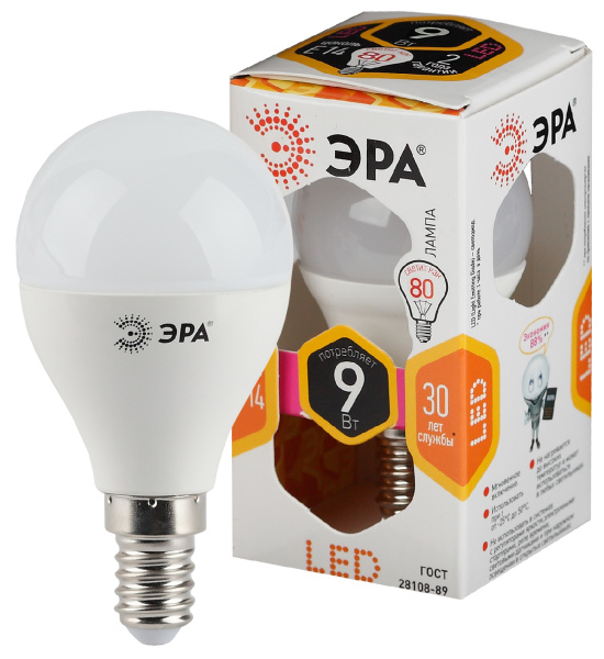 ЭРА LED P45-9W-827-E14 (диод, шар, 9Вт, тепл, E14)