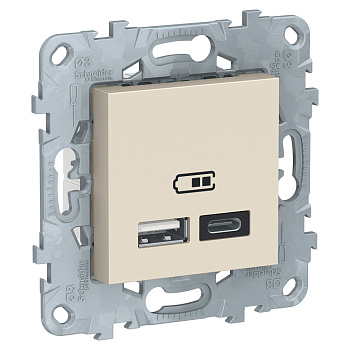SE Unica New Бежевый Розетка USB, 2-местная, тип А+С, 5 В / 2400 мА NU501844