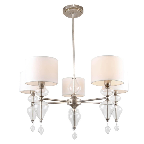 Favourite подвесная люстра каркас цвета античное серебро, плафоны из белой ткани, декоративные элементы из прозрачного выдувного стекла 2554-5P