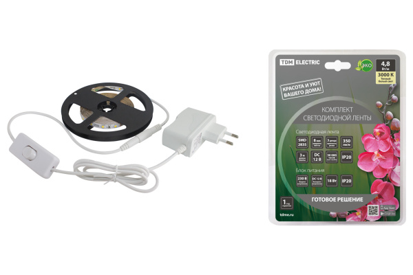 TDM Комплект светодиодной ленты SMD2835-60 LED/м-12 В-4,8 Вт/м-IP20-3000 К (3 м), 18 Вт SQ0331-0221