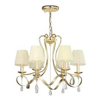 Favourite подвесная люстра каркас цвета золотой, плафоны из светло-бежевой ткани, декоративные элементы из прозрачного хрусталя 2596-6P