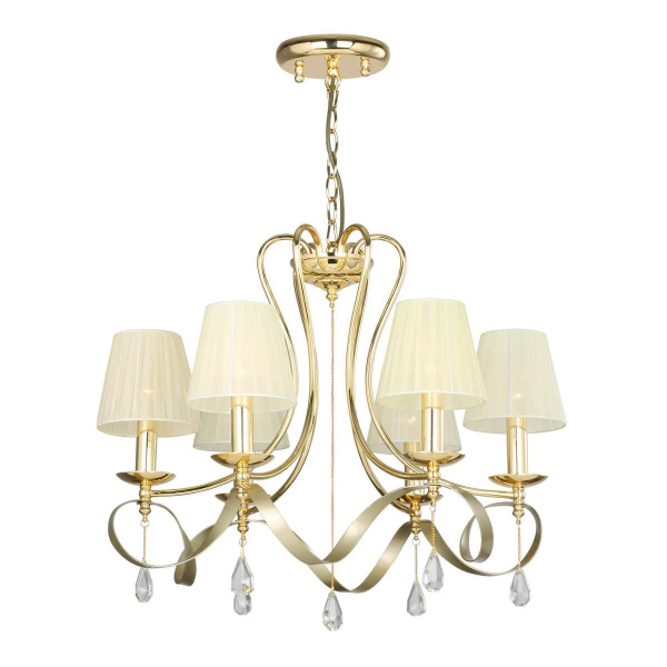 Favourite подвесная люстра каркас цвета золотой, плафоны из светло-бежевой ткани, декоративные элементы из прозрачного хрусталя 2596-6P