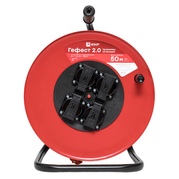 Купить EKF PROxima Удлинитель на катушке "Гефест 2.0" 4 гнезда 50м с заземлением и предохранителем КГ 3*1,5 16А/3,5кВт IP44
