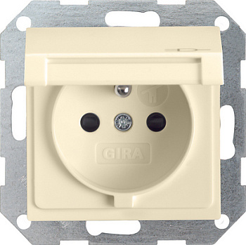 Gira S-55 Крем глянц Розетка с заземляющим штифтом, с затвором (shutter) и символом  и крышкой 048801