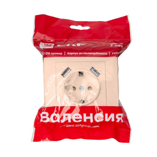 Купить EKF PROxima Валенсия розетка 1-местная с/з 16А кремовая с защ. штор. с 2 USB 2,1А