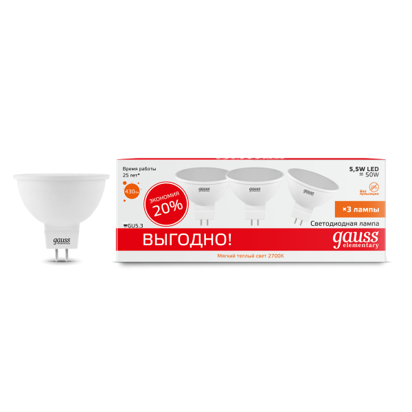 Купить Gauss Лампа Elementary MR16 5.5W 3000К GU5.3 (3 лампы в упаковке) LED 1/40 13516T