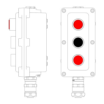 DKC Взрывонепроницаемый пост управления из алюминия LCSD-03-B-MB-L1R(220)x1-P1B(11)x1-P1R(11)x1-PBMB-KAEPM2MHK-20 / 1Ex d IIB T5 Gb / Ex tb IIIC T95°С